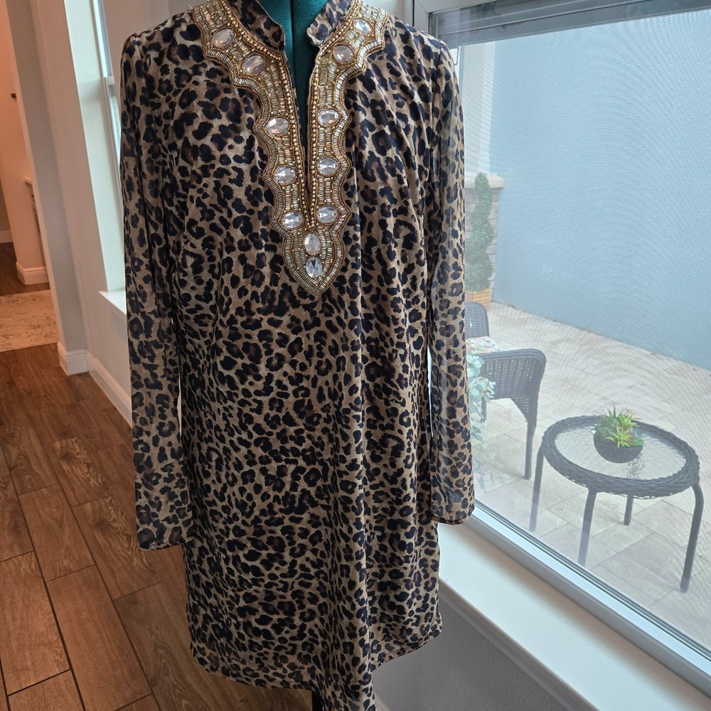 Boston Proper Sheath Dress Womens Medium Brown Animal Print Sequin Collar